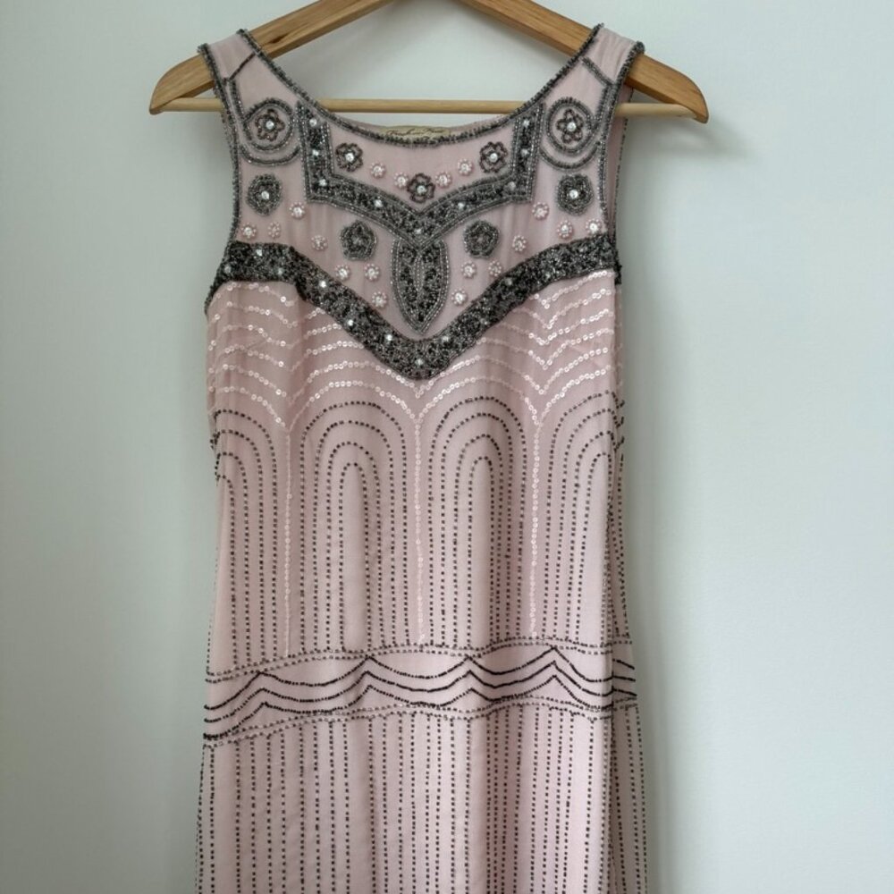 Frock and Frill Beaded Art Deco Dress | Blush & Silver | Size 8